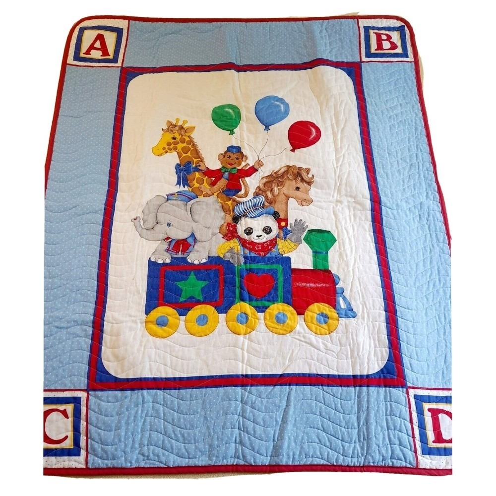 Vintage Baby Quilt Animal Train ABC Alphabet Blocks Nursery‎ Blanket Handcrafted